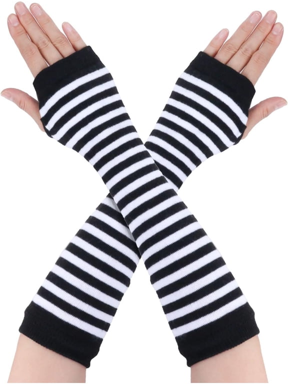 Goth Arm Warmers Emo Punk Fingerless Gloves Y2K Kawaii Arm Sleeves Halloween Costume Femboy Long Stripe Gloves