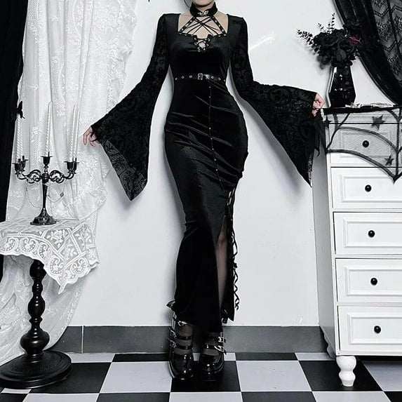 Goth Bandage Gothic Witch Elegant Dresses Grunge Aesthetic Sexy Split Evening Midi Dress Women Velvet Alt Party Outfit