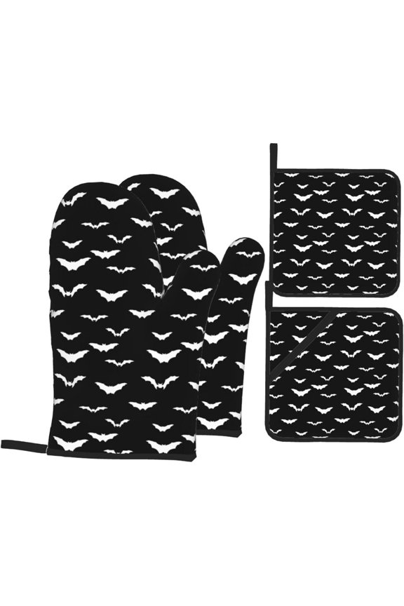 Goth Bats Oven Mitt and Pot Holder Set of 4 Batman Glove Potholder Heat Resistant Black White Bat Man Mitten Pot Holders Kitchen Decor Accessories for Cooking Baking Grilling BBQ Housewarming Gift