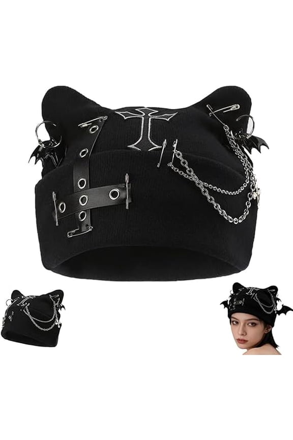 Goth Beanie for Women - Crochet Cat & Fox Ear Grunge Hat, Winter Gothic Streetwear Knit Cap (Black)