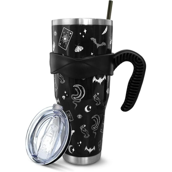 Goth Black 40 Oz Tumbler with Handle and Straw, Large Big Stainless Steel Vacuum Insulated Tumbler Iced Coffee Cup Water Bottle Travel Mug, Witchy Gothic Gifts Decor Accessories Stuff, Halloween Gifts