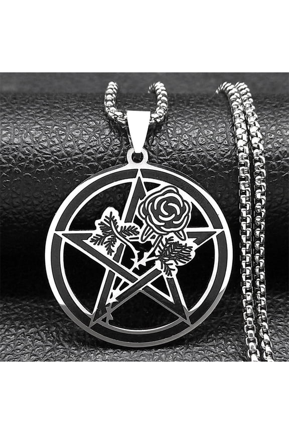 Goth Black Rose Flower Pentagram Pendant Necklace Women Men 14K White Gold Vintage Pagan Necklaces Jewelry