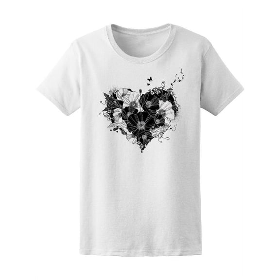 Goth Black & White Floral Heart T-Shirt Women -Image by Shutterstock, Female Medium