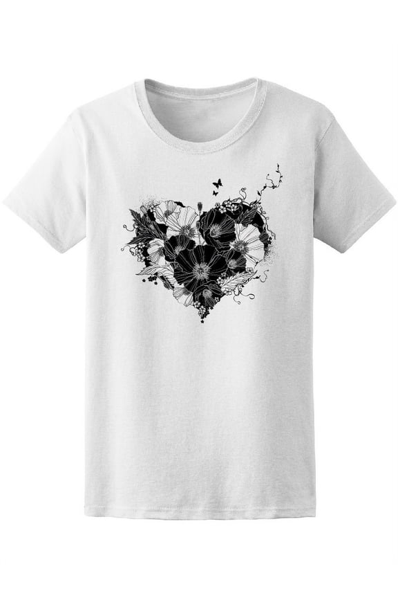 Goth Black & White Floral Heart T-Shirt Women -Image by Shutterstock, Female Medium