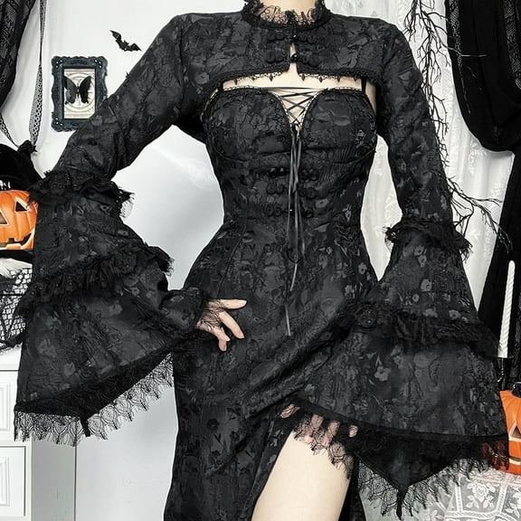 Goth Bolero Shrug Crop Tops for Women Victorian Bell Sleeve Flared Emo