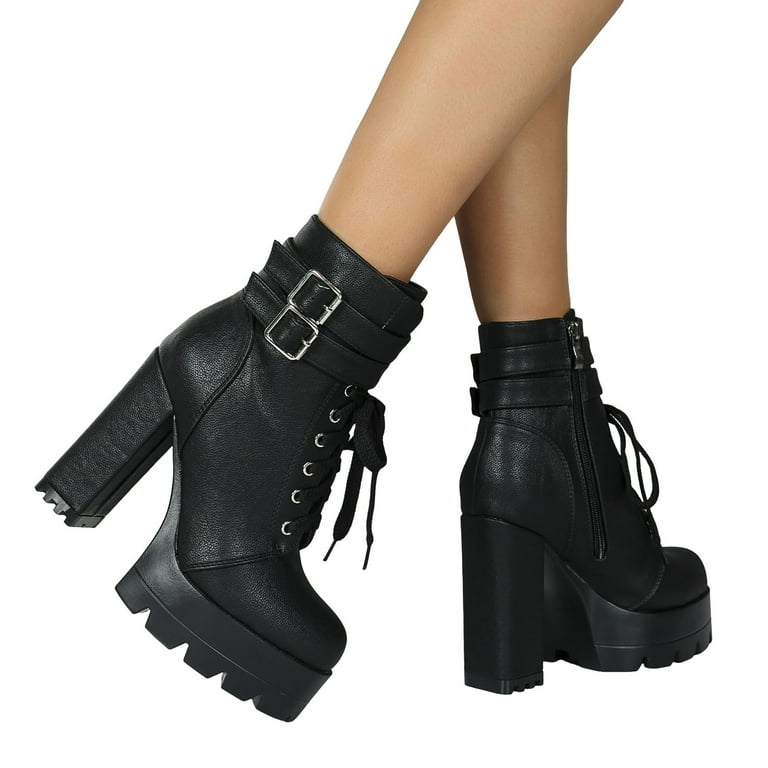 Goth Boots Chunky Heel Boot for Women Ankle Combat Booties Black