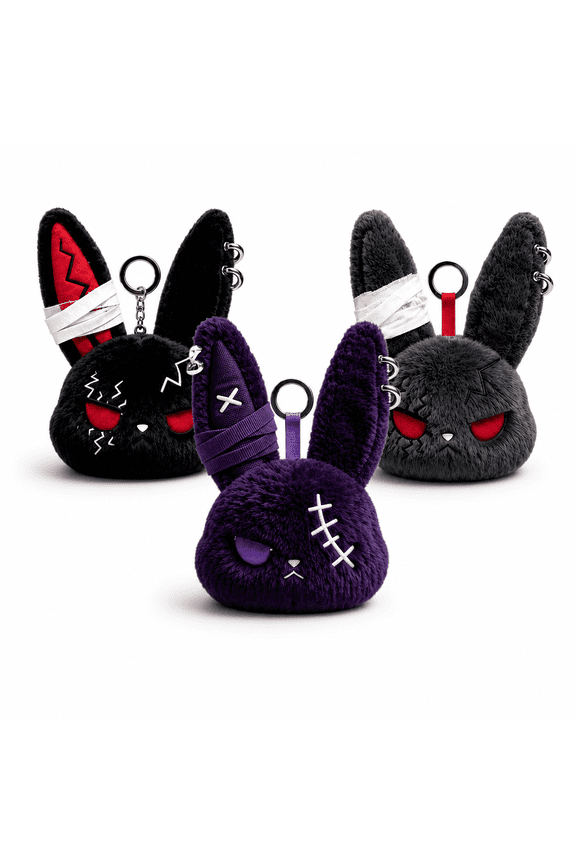 Goth Bunny Plush Bag Charm, Soft Black Rabbit Keychain with Metal Ring for Purse, Backpack, Tote Bag, Gift and Collectible Decor