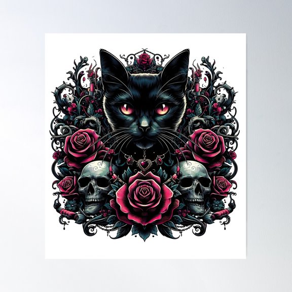 Goth Cat And Skull Roses Poster Wall Art, Modern Wall Decor For Living Room Bedroom, 24x24 UNFRAMED