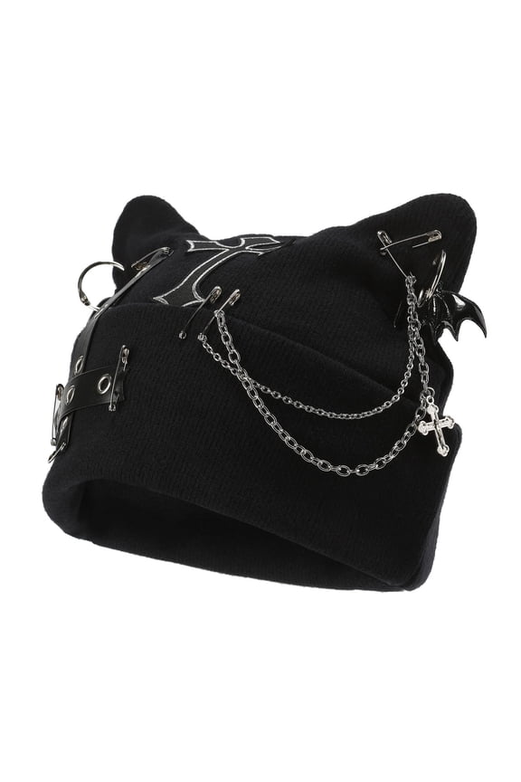 Goth Cat Beanie Goth Hat Accessories Punk Cat Ear Beanie Hat for Women Y2k Grunge Gothic Beanies Knitted Hat Streetwear Black