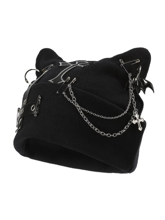 Goth Cat Beanie Goth Hat Accessories Punk Cat Ear Beanie Hat for Women Y2k Grunge Gothic Beanies Knitted Hat Streetwear Black