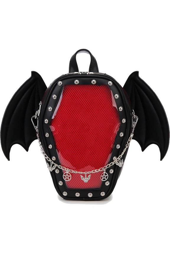 Goth Coffin Backpack with Detachable Bat Wing Halloween Coffin Ita Punk Bag for Enamel Pins Display