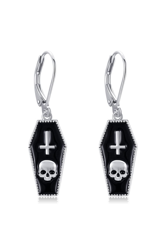 Goth Coffin Dangle Earrings Sterling Silver Skull and Upside Down Cross Halloween Jewelry Gifts for Women