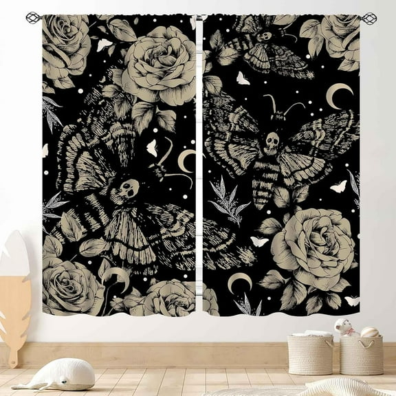 Goth Curtains for Bedroom,Spooky Moody Dead Moth Black Floral Witchy Gothic Mysterious Butterfly Skull Trippy Aesthetics Art Print Gray Window Drapery for Bedroom Living Room-52"W x 84"L (Pack of 2)