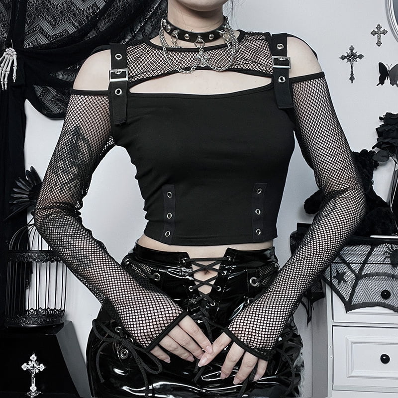 Goth Dark Fishnet Cut Out Women Sexy Halter T-shirts Mall Gothic Grunge ...