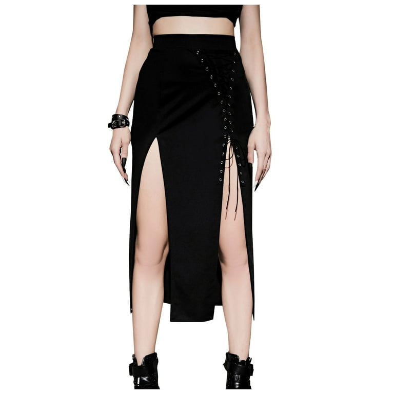 Goth Double Slit Maxi Skirt for Women Punk Black See Through