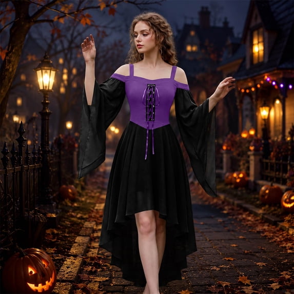 Goth Dress for Women 2026 Retro Cocktail Batwing Halloween Evening Fashion Plus Size Renaissance Medieval Dresses Dark Purple 2XL