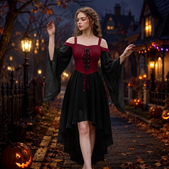 Goth Dress for Women 2026 Retro Cocktail Batwing Halloween Evening Fashion Plus Size Renaissance Medieval Dresses Deep Red XL