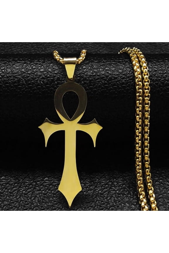 Goth Egyptian Cross Ankh Key of Life Necklace 14K Yellow Gold Amulet Religious Necklaces Gothic Jewelry Gift