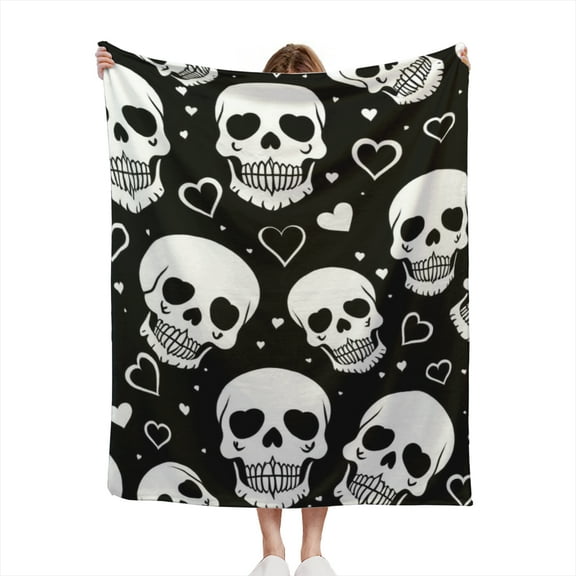 Goth Emo Black and White Skulls and Hearts Gothic Punk Pattern Design Lightweight 50x60 Throw Blanket for Sofas, Home Decor, Travel, Lounging