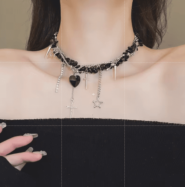 Goth Emo Punk Heart Cross Charms Black Stone Choker Necklace