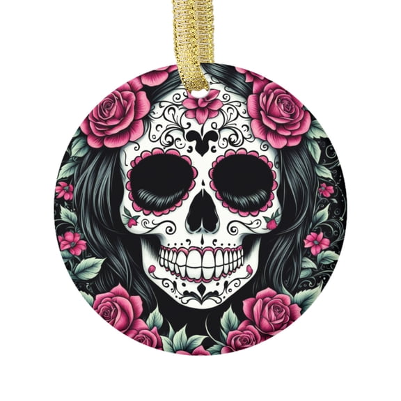 Goth Emo Sugar Skull with Pink Roses Psychedelic Gothic Punk Design Novelty Glossy Ceramic Christmas Ornament Xmas Holiday Tree Gift Decor