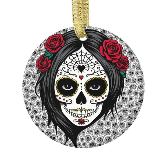 Goth Emo Sugar Skull with Roses Gothic Punk Design Novelty Glossy Ceramic Christmas Ornament Xmas Holiday Tree Gift Decor