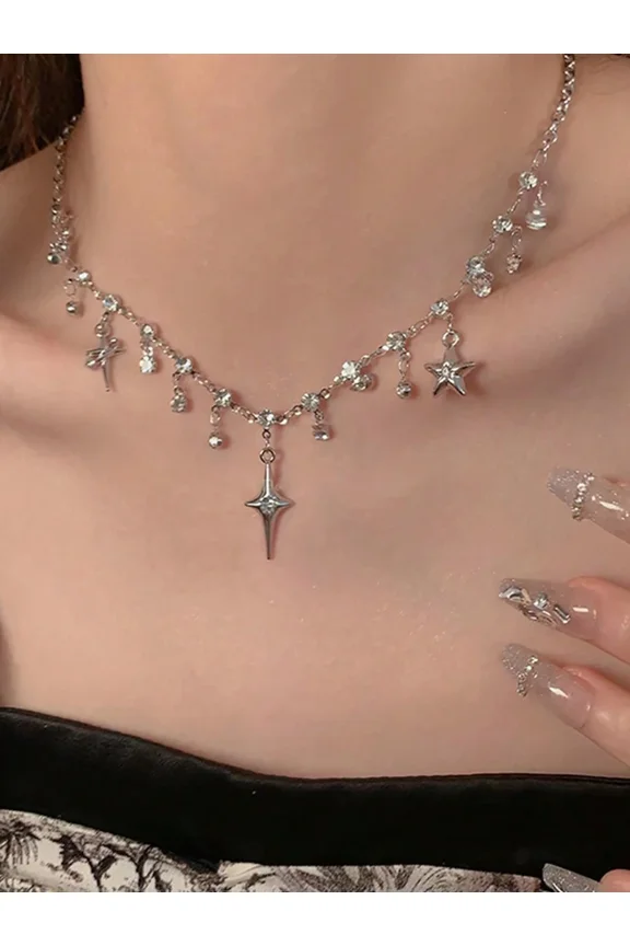 Goth Fashion Iron Alloy Rhinestone Star Charm Necklace for Women Daily Decoration