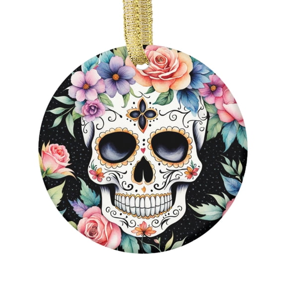 Goth Floral Emo Mexican Sugar Skull with Flowers Watercolor Gothic Punk Design Novelty Glossy Ceramic Christmas Ornament Xmas Holiday Tree Gift Decor