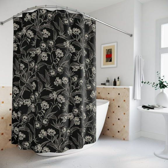 Goth Floral Shower Curtain, Spooky Skull Flower Bath Curtain, Gothic Tiki Bathroom Decor, Witchy Botanical Bones Home Accent, Deadly Beautiful Home Decor 66x72in