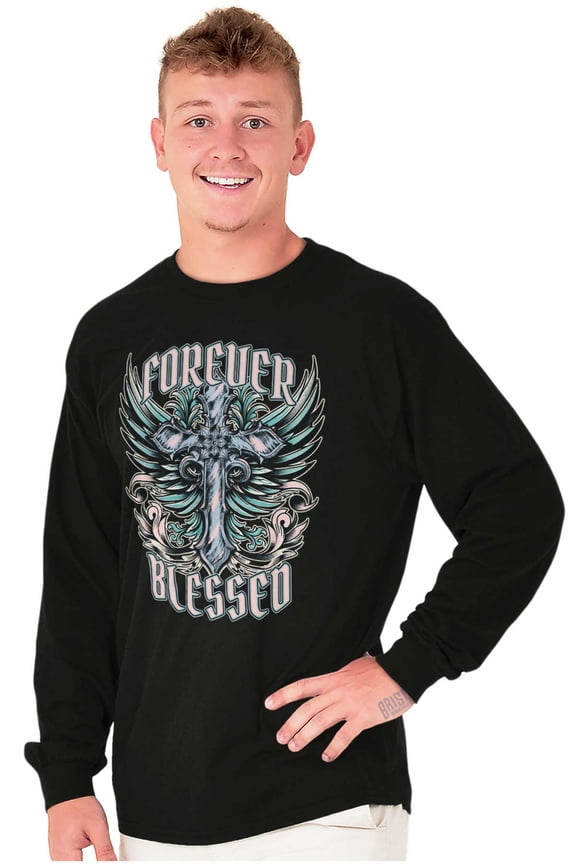 Goth Forever Blessed Cross Wings Long Sleeve TShirt Men Women Brisco Brands M