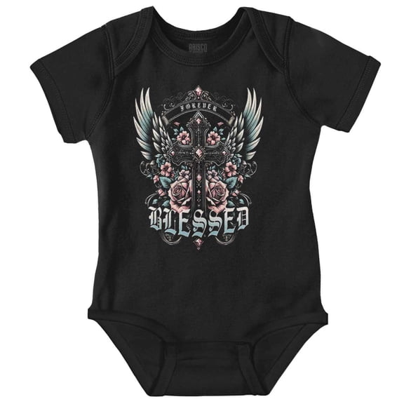Goth Forever Blessed Floral Cross Romper Boys or Girls Infant Baby Brisco Brands 18M