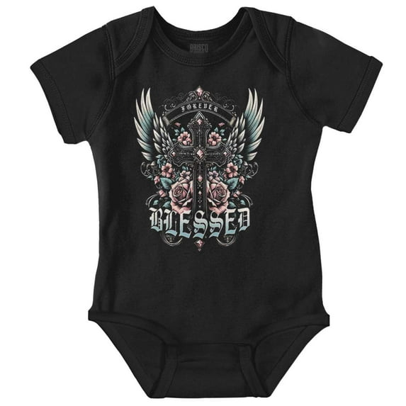 Goth Forever Blessed Floral Cross Romper Boys or Girls Infant Baby Brisco Brands 24M