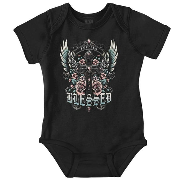 Goth Forever Blessed Floral Cross Romper Boys or Girls Infant Baby Brisco Brands NB