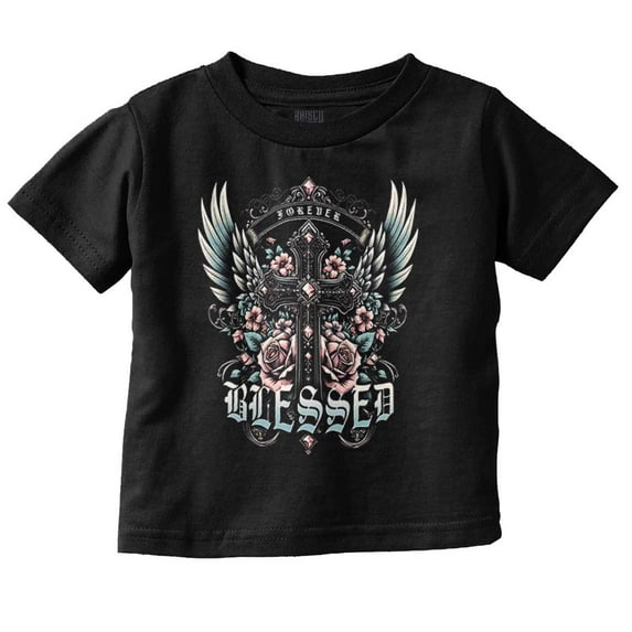 Goth Forever Blessed Floral Cross Toddler Boy Girl T Shirt Infant Toddler Brisco Brands 6M