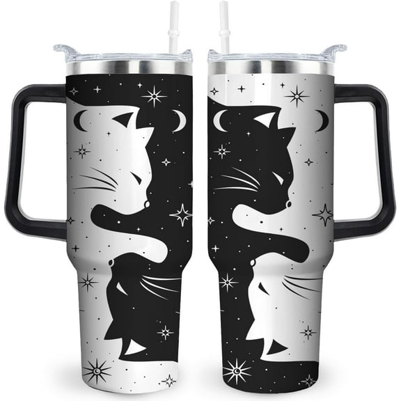 Gothic Cat Tumbler - 40oz Stainless Steel Insulated Cup with Handle & Straw for Cat Lovers - Gothic Gift for Women