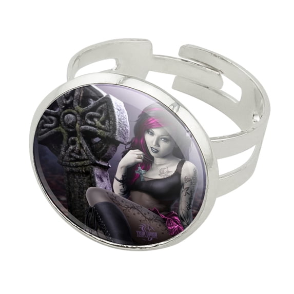 Goth Girl Dressed in Black Tattoos Silver Plated Adjustable Novelty Ring