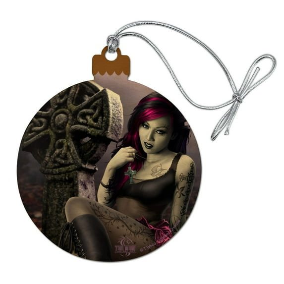 Goth Girl Dressed in Black Tattoos Wood Christmas Tree Holiday Ornament
