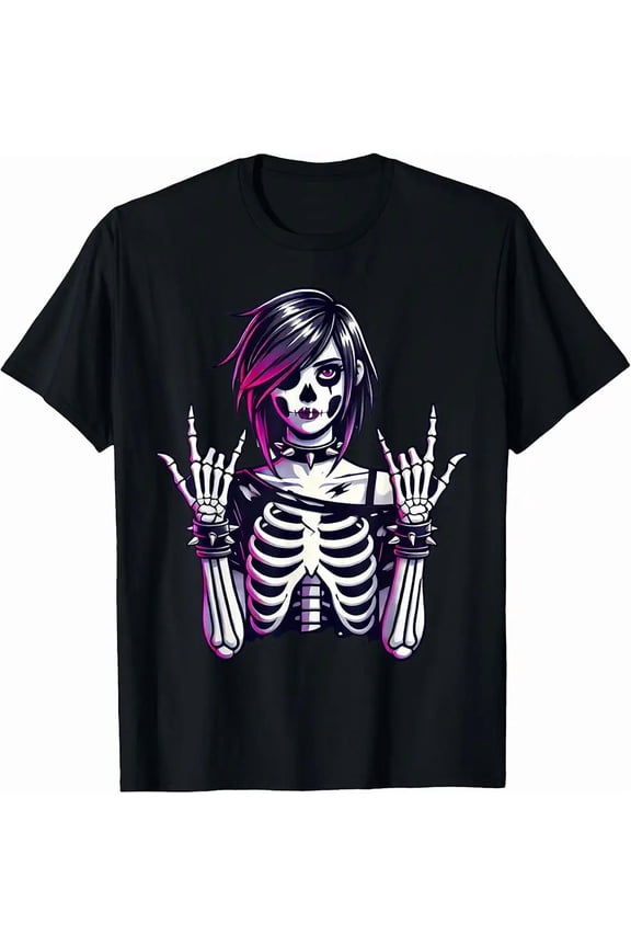 Goth Girl Emo Punk Skeleton Funny Grunge Aesthetic Humor Unisex T-Shirt, up to Size 5XL