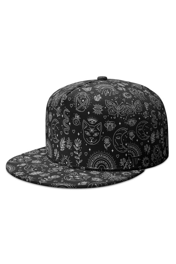Goth Gothic Moon Star Flat Brim Snapback Hat - Adjustable Steampunk Dark Celestial Streetwear Cap for Men & Women