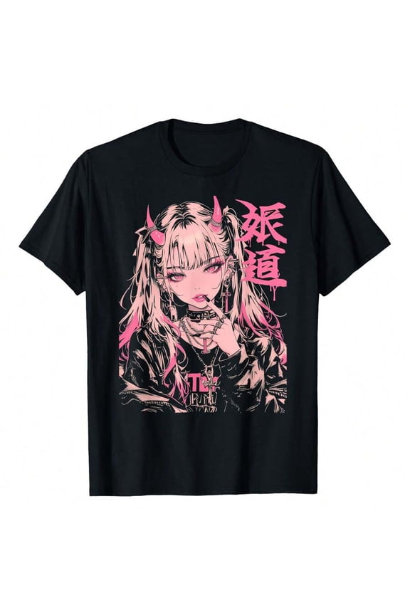 Goth Grunge Demon Anime Girl Waifu Horror Alt Aesthetic T-Shirt,220g Pure Cotton Single-Sided Printed Round Neck Short Sleeved Shirt.