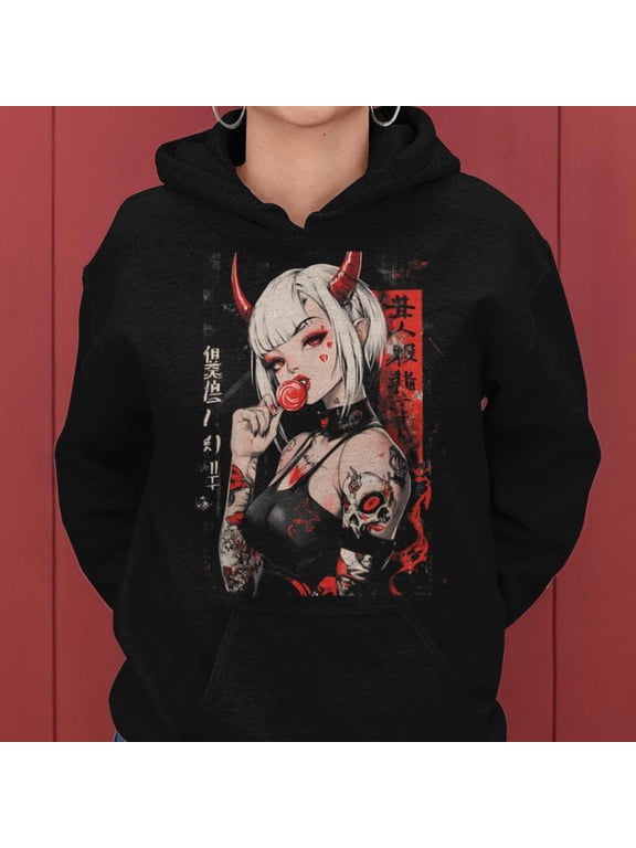 Goth Grunge Girl Waifu Demon Anime Horror Alt Aesthetic Women Hoodie, Pullover Graphic Hoodie