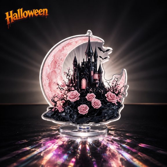 Goth Halloween Rotating Acrylic Tabletop Sign, Pink Rose Bat Candle Spinning Centerpiece Ornament, Indoor Outdoor Halloween Decor, Cute Spooky Desk Bedroom Party Table Decor, Halloween Holiday Gift