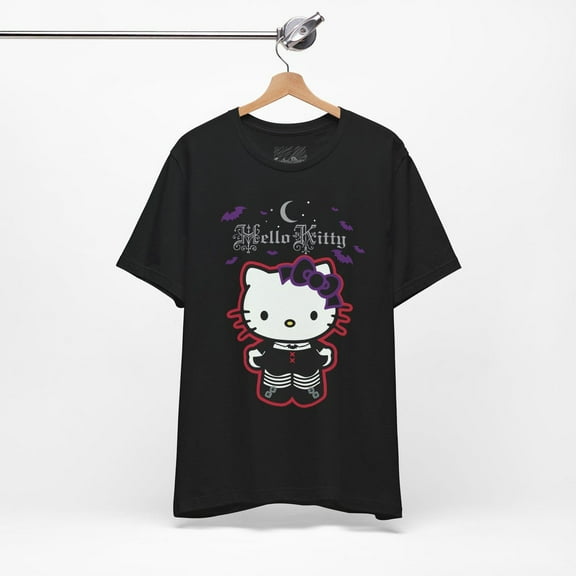 Goth Happy Halloween Tee - Hello kitty And Bats Shirt - Sanrio Trick Or Treat Holiday Tshirt,Black Color,Size XL