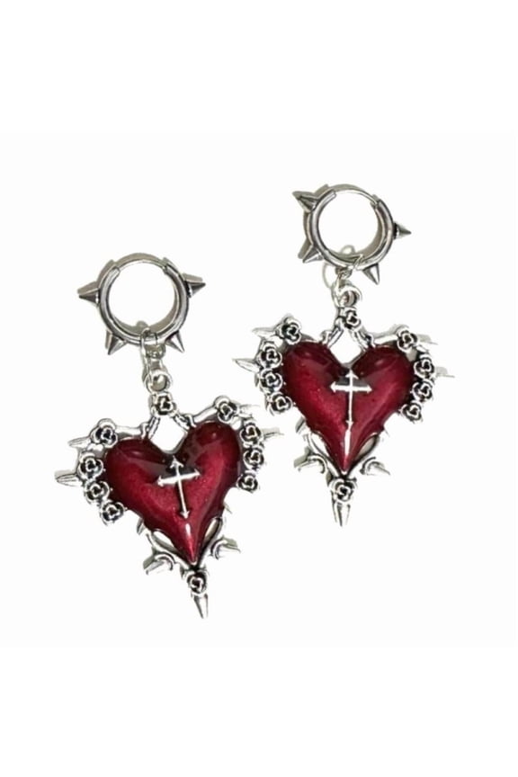 Goth Jewelry Thorns Heart Cross Earrings Drip Oil Rose Flower Earrings For Women Punk Charms Accessories