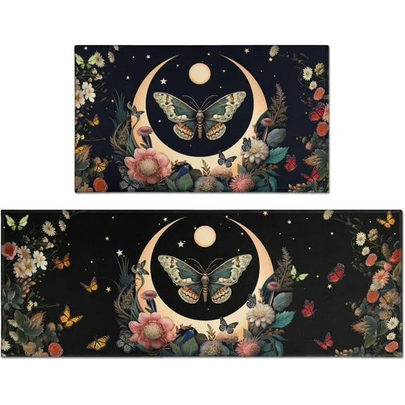 Goth Kitchen Mat Set of 2, Moon Butterfly Flower Kitchen Rugs for Floor Halloween Kitchen Mat Gothic Kitchen Decor for Floor, Home, Sink, Bathroom(17"x47"+17"x30")