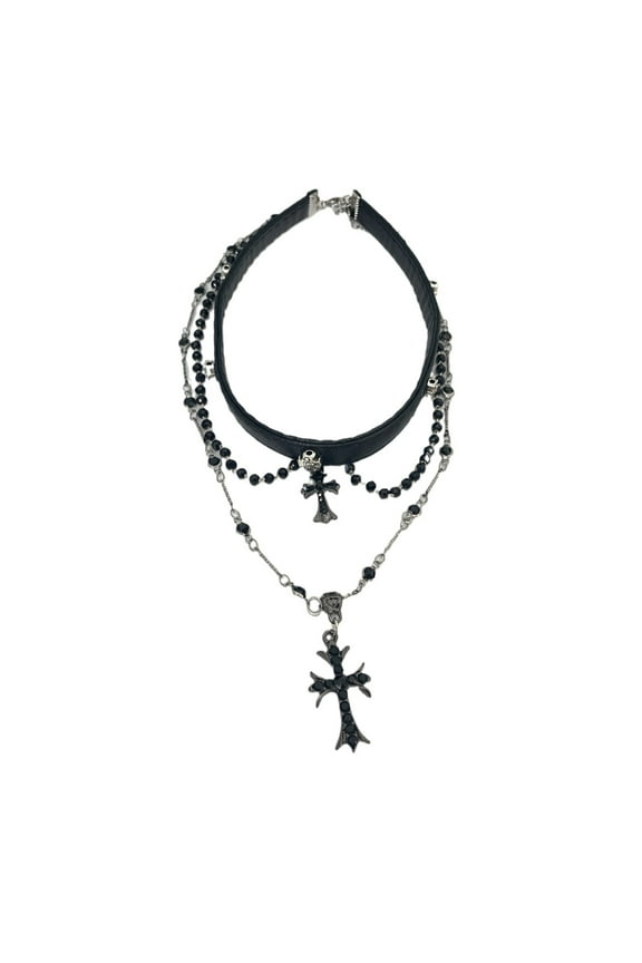 Goth Layered Cross Necklace, Gothic Emo Grunge Y2k Necklace, Black Bead choker, Goth Jewelry, Christmas Jewelry Gift For Women