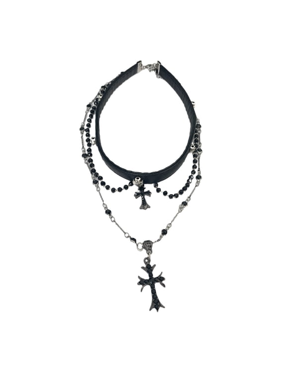 Goth Layered Cross Necklace, Gothic Emo Grunge Y2k Necklace, Black Bead choker, Goth Jewelry, Christmas Jewelry Gift For Women