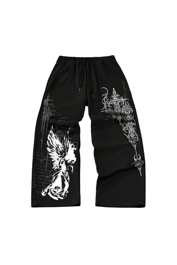 Goth Men's Baggy Sweatpants Y2K Baggy Sweatpants Streetwear Oversized Pants Mens Y2K Clothes Cool Pants Angel Wing Cross Graphic Wide Leg Drawstring Trousers