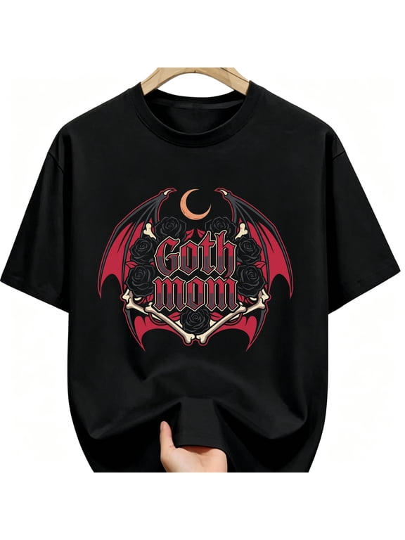 Goth Mom Blackletter Bat Wings and Roses Unisex Graphic T-Shirt, Spooky Halloween Design