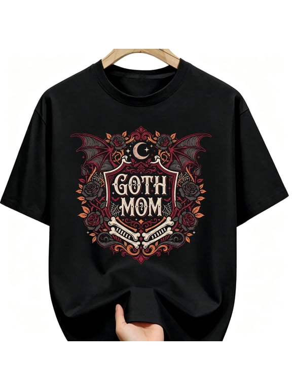 Goth Mom Dark Floral Crest Unisex Graphic T-Shirt, Spooky Halloween Design for Moms